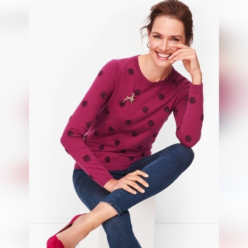 Talbots Women's Sweater Tinsel Dot Pink Metallic Lambs Wool Christmas Holiday M - Picture 1 of 9